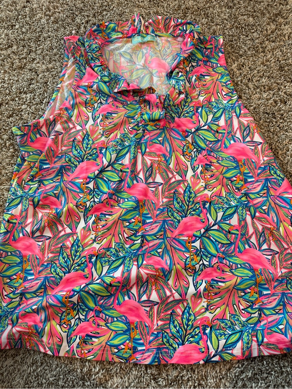 Sleeveless Pink Tropical Print Ruffle Neck Top